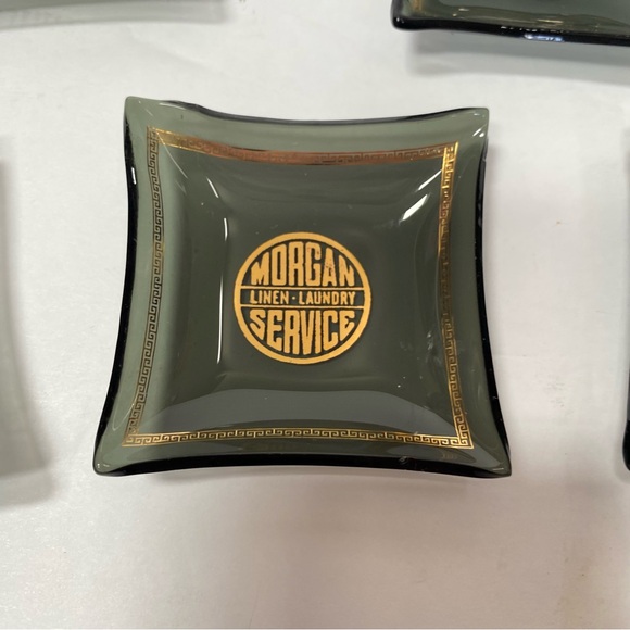 Vintage Ashtray Set Advertising Smoked Glass Gold Morgan Laundry Linen Service - Picture 4 of 9